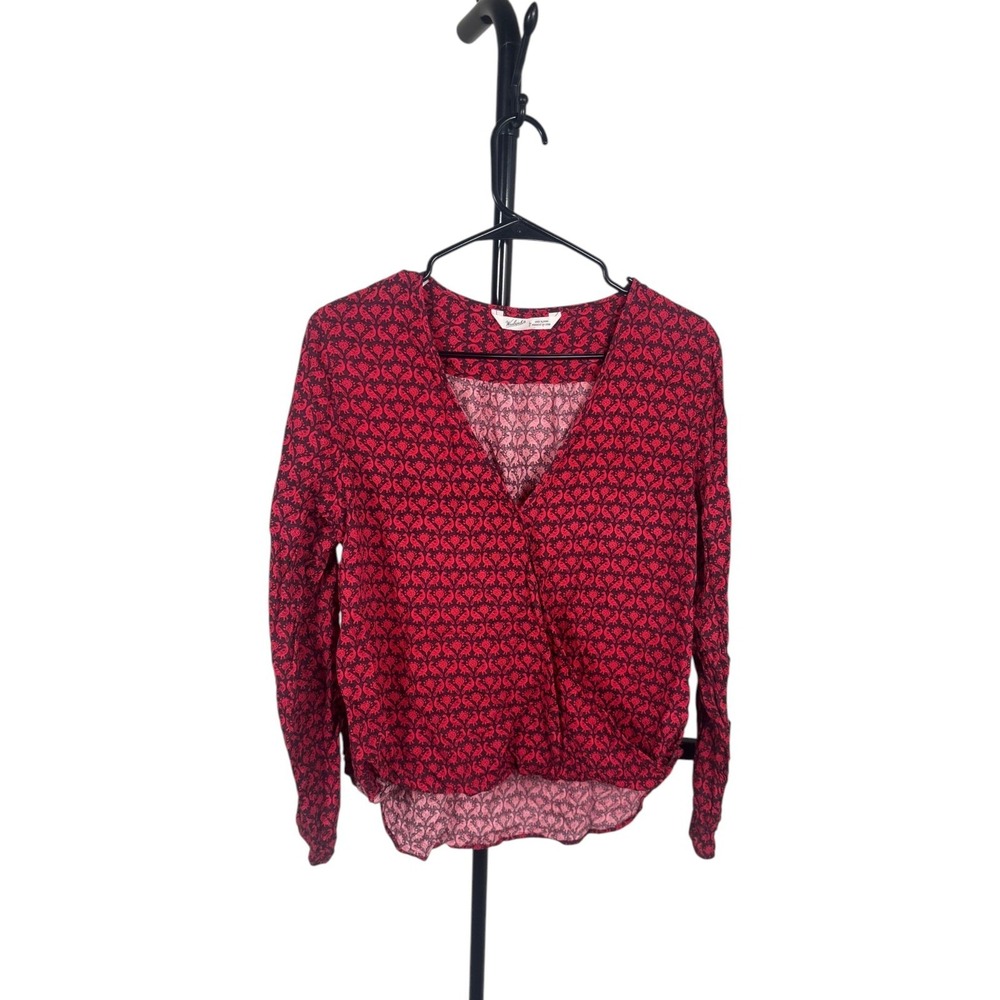 Woolrich Red Bird Raku Print Wrap‎ Blouse Womens Size Large Boho Long Sleeve Top